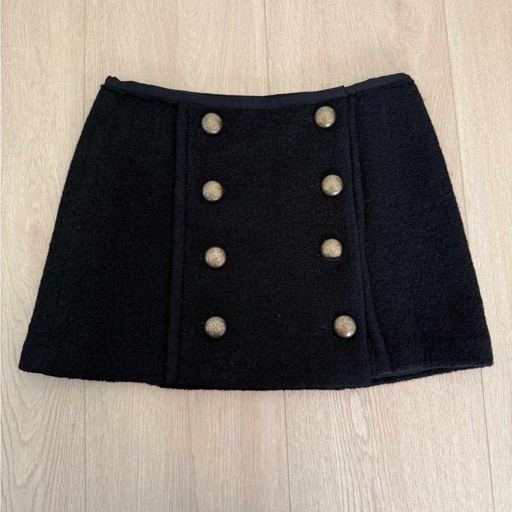 Nanette Lepore Wool Mini Skirt Size 6 Black Military Button Front A-Line